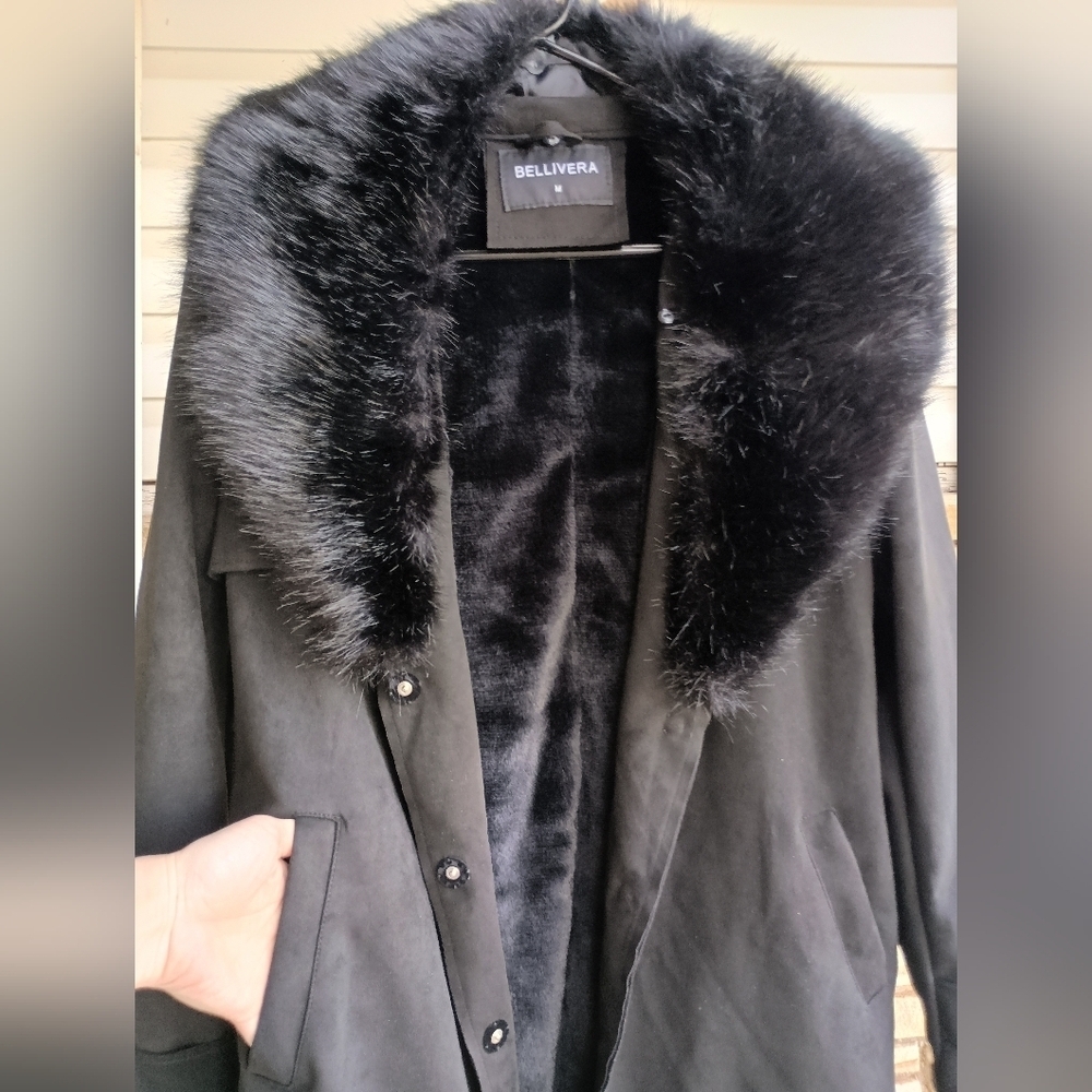 BELLIVERA Black Suede Like Trench Coat With Faux Fur Collar & Lining_Med - Picture 5 of 11